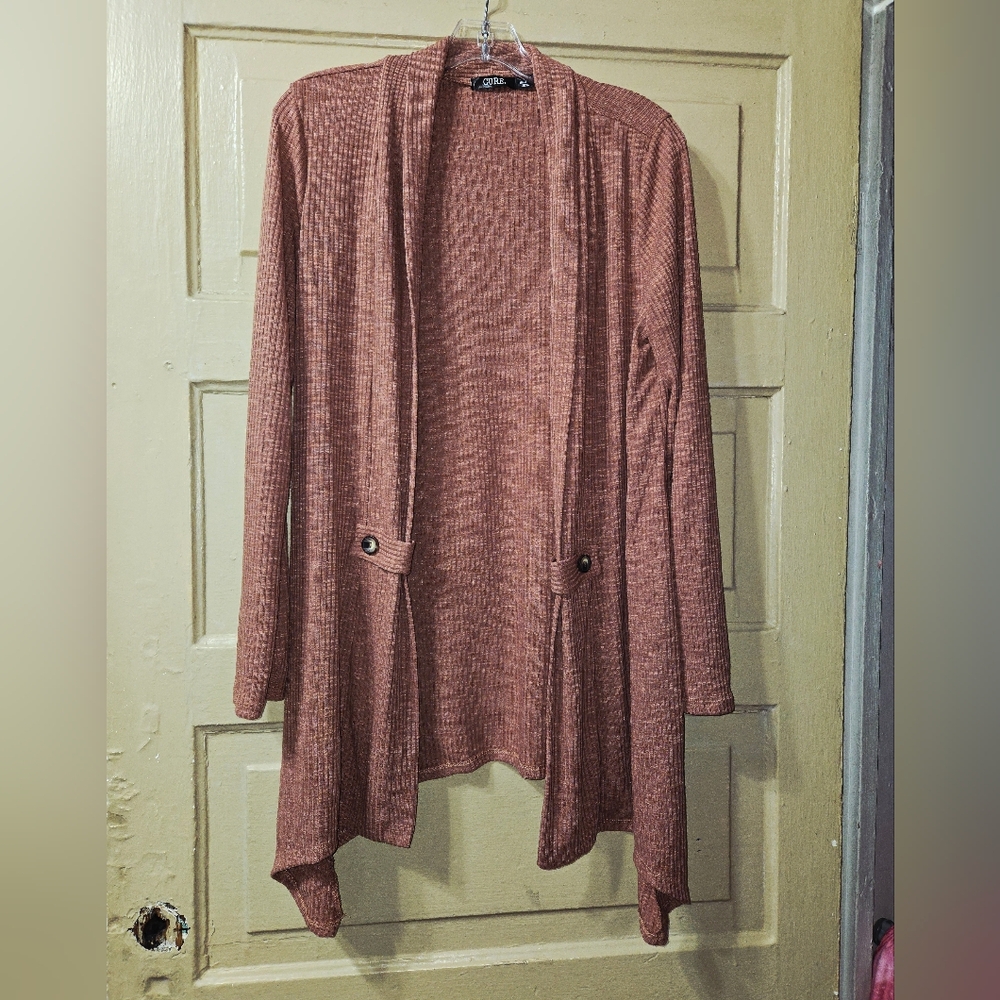Cure Ribbed Waterfall Front Long Sleeve Mauve Cardigan EUC Size: XL